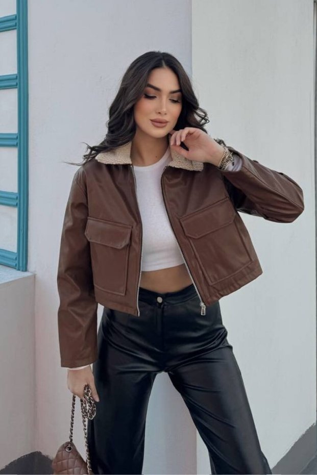 Women's Cropped Jacket Faux Leather Collar Fur Trim Zipper Double Pockets Short Leather Coat