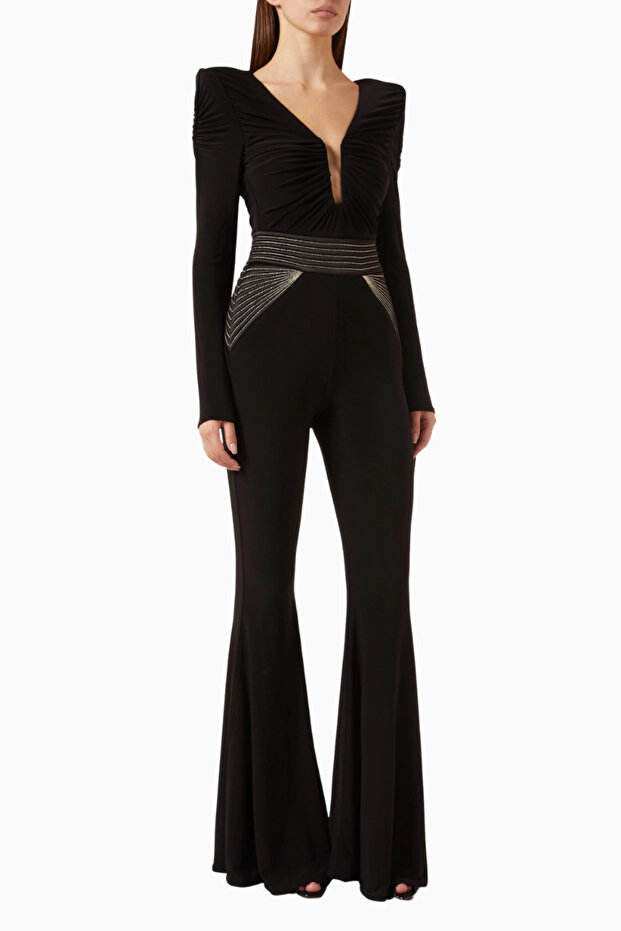 The Bloom Black Jumpsuit, Strong Silhouette with Crystal Embellished Waist Detail