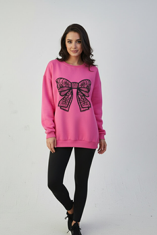 Black Lace Ribbon Patterned Women's Oversize Sweatshirt