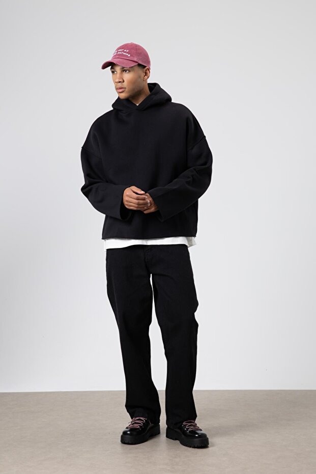 Basic Oversize Dikişsiz Kapüşonlu Sweatshirt Siyah - 2