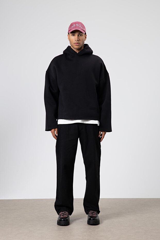 Basic Oversize Dikişsiz Kapüşonlu Sweatshirt Siyah - 1