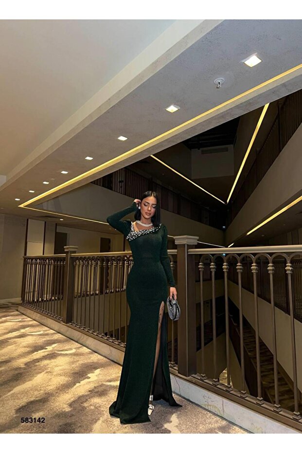 Flowers Stretch Fabric Collar Pearl Detailed Slit Evening Dress 583142 Emerald