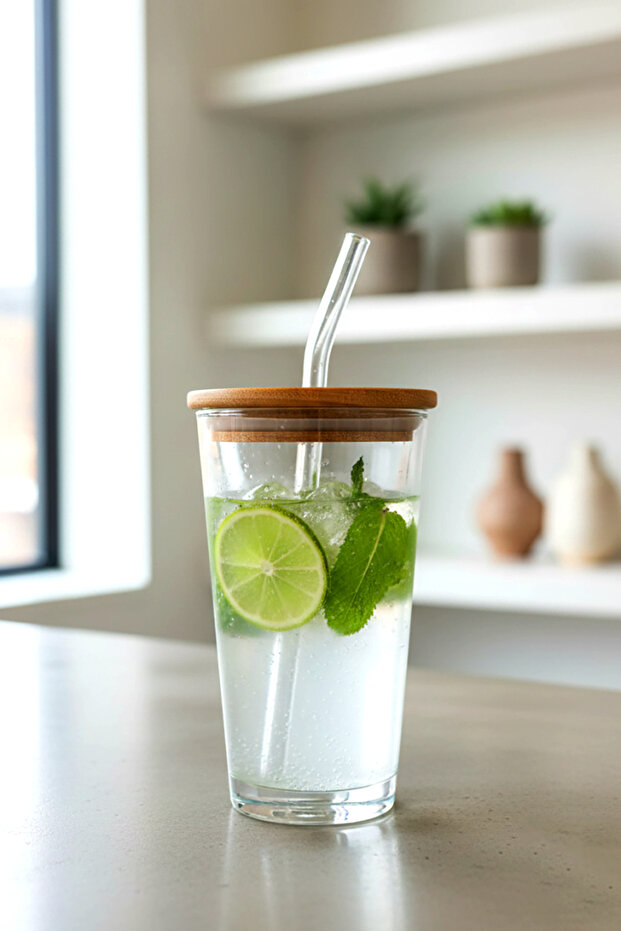 Bambu Kapaklı Cam Pipetli Şık ve Dayanıklı Cam Bardak (400 ml) - 2