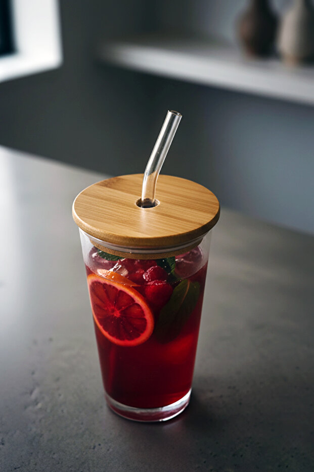 Bambu Kapaklı Cam Pipetli Şık ve Dayanıklı Cam Bardak (400 ml) - 3