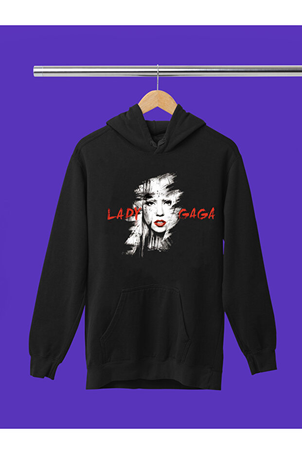 Lady Gaga Printed Cotton Long Sleeve Ribbed 3 Yarn Hooded Sweatshirt