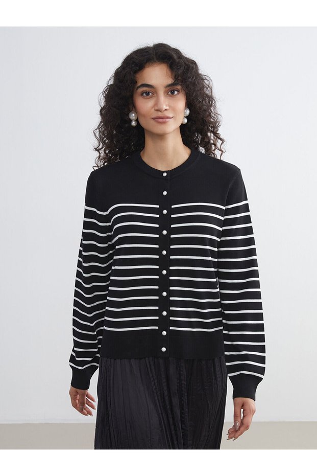 Two Mt Shop Quality Lcw Modest Ecru Knitwear Striped Women's Cardigan
