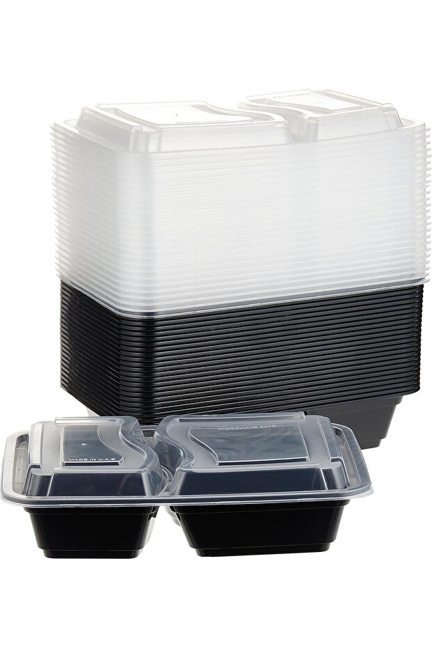 24 Pieces Microwave Disposable Container With Lid Rectangular - 2 Compartment Meal Prep - 1