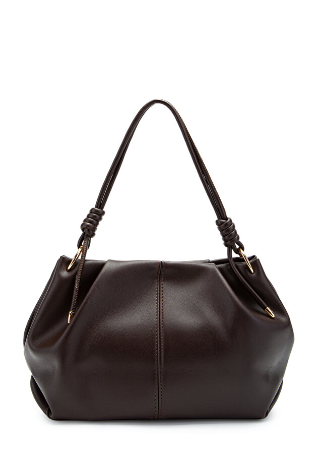 Drawstring Detailed Faux Leather Chen Handle Bag Brown
