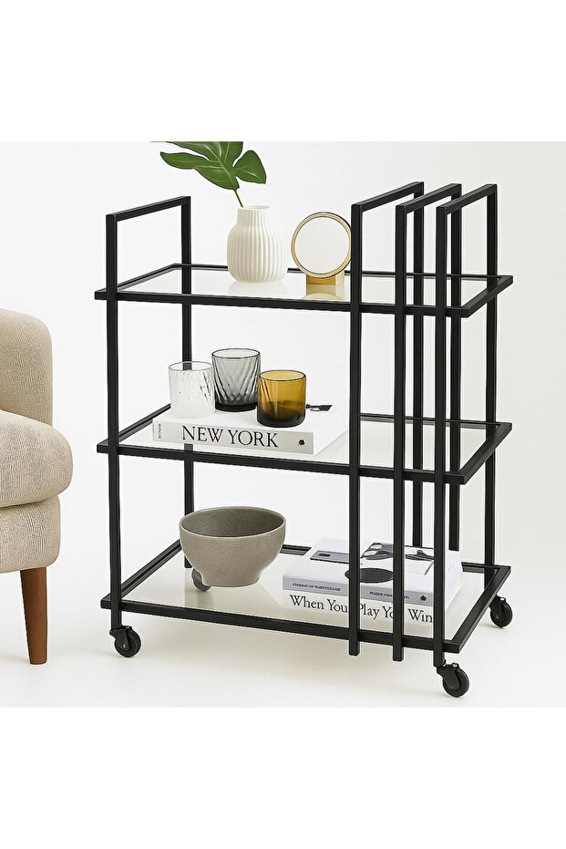 FFD Black Metal & Mirror Glass Serving Trolley – 3-Tier Bar Cart 100x40x90cm