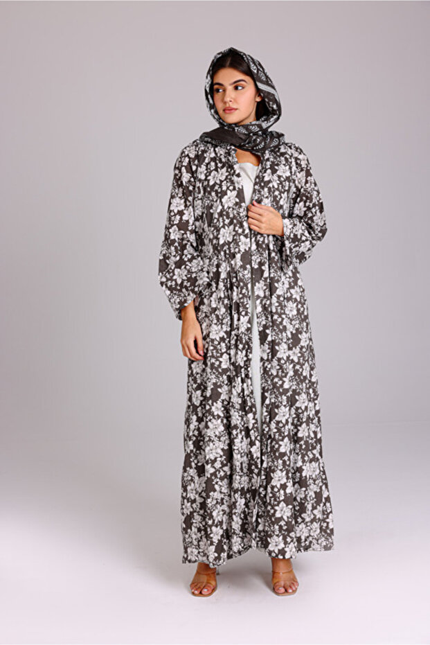 Beautiful Floral Prints Design Abaya Grey