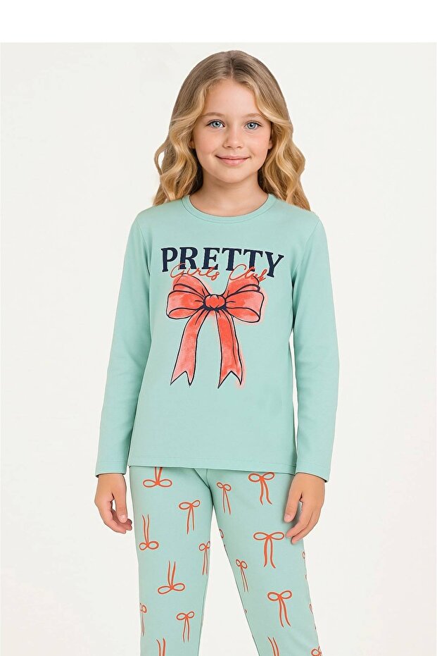 Girl's Pretty Printed Long Sleeve 100% Cotton Pajama Set, Age 5/8