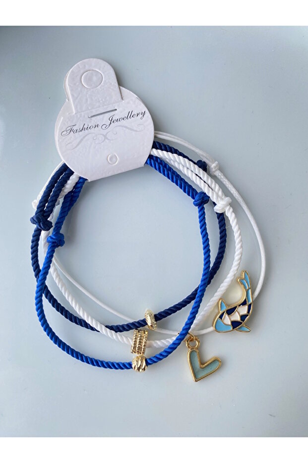 4-Piece Fish Heart Gold Figured Dark Blue and White Rope Bracelet