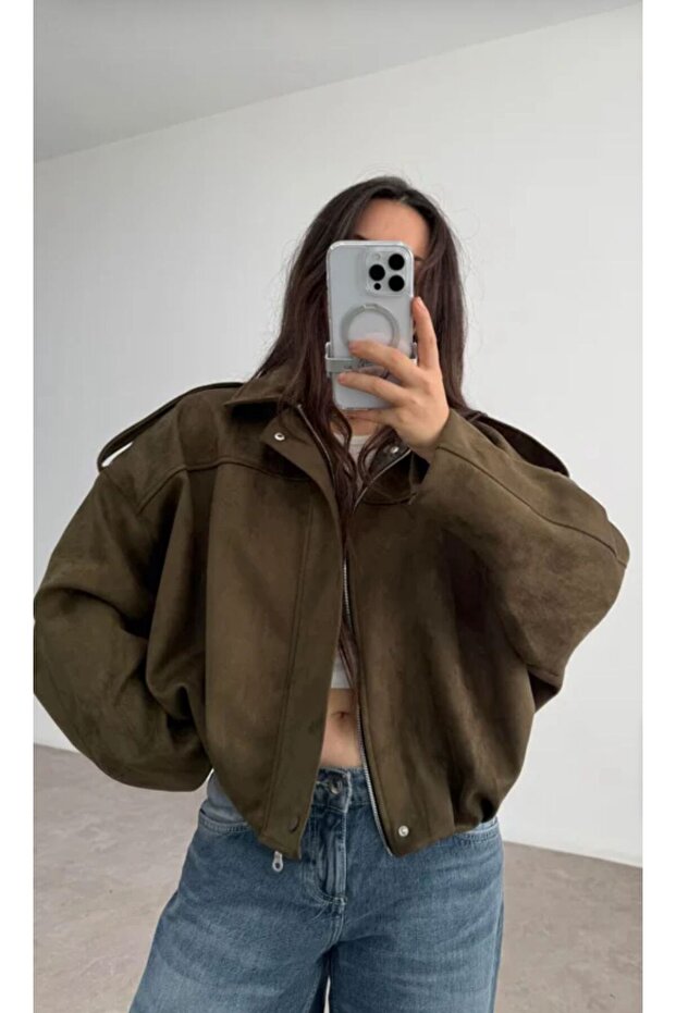 Oversize Bomber Soft Süet Ceket - 5