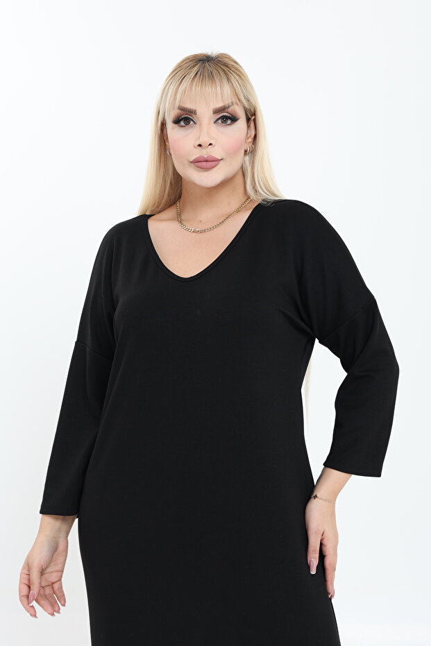 Modal Kumaş Rahat Kalıp V Yaka Basic Elbise - 5