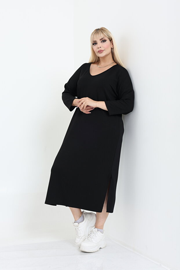 Modal Kumaş Rahat Kalıp V Yaka Basic Elbise - 8