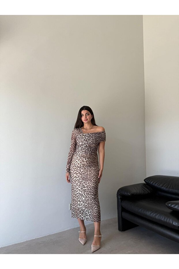 Rochie cu un singur umăr Leopard drapat - 3