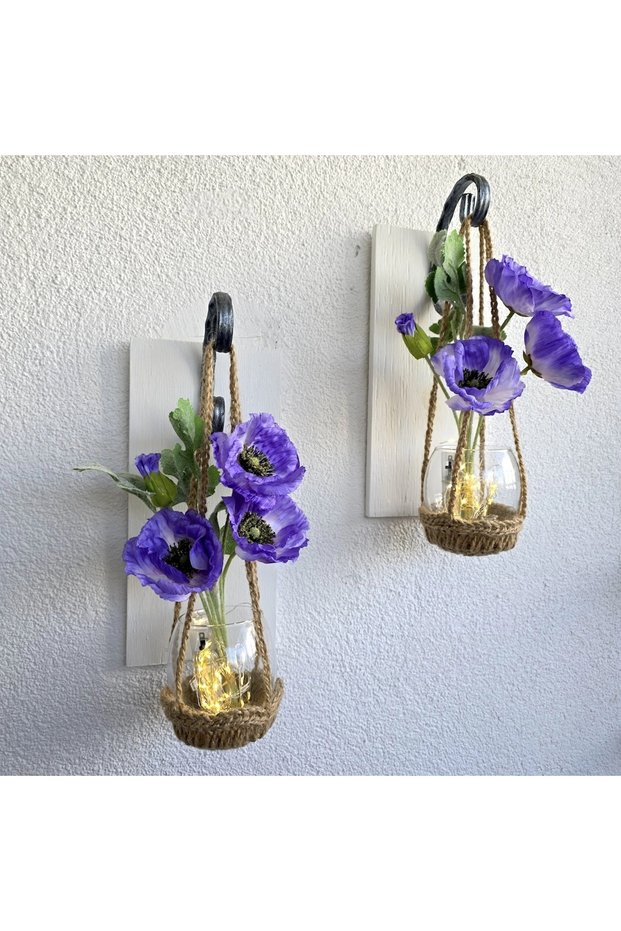 Wall Decoration, Led Lighted, Lilac Poppy Flowers, White Sconce Set of Two