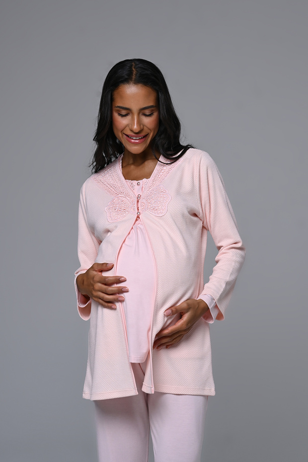 Women's Powder Jacquard Winter Pearl Stone Special Design Maternity Maternity Dressing Gown Pajama Set