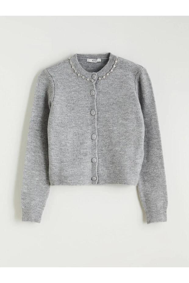 Bisiklet Yaka Taşlı Kadın Triko Hırka (W5) - 5