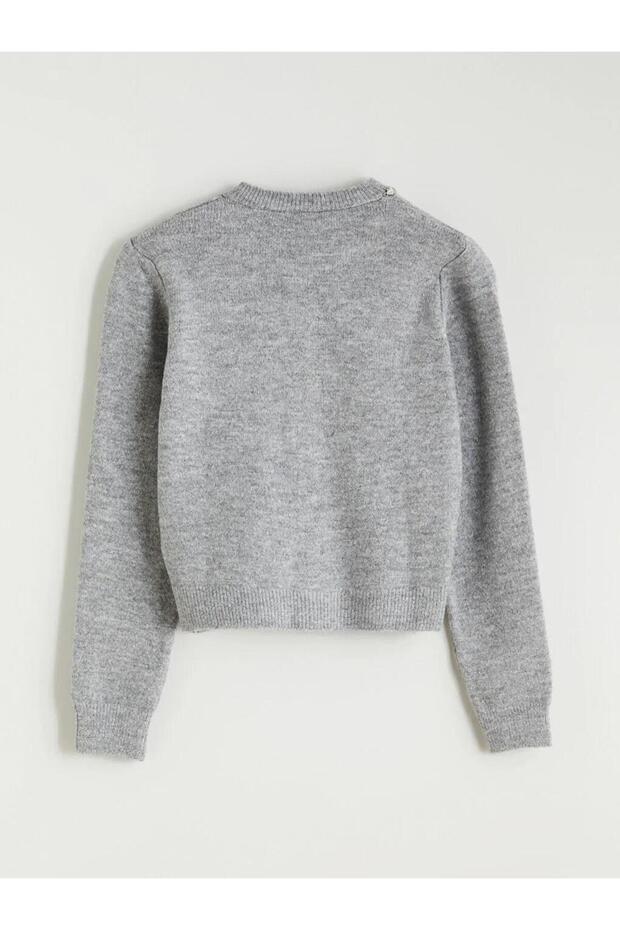 Bisiklet Yaka Taşlı Kadın Triko Hırka (W5) - 6