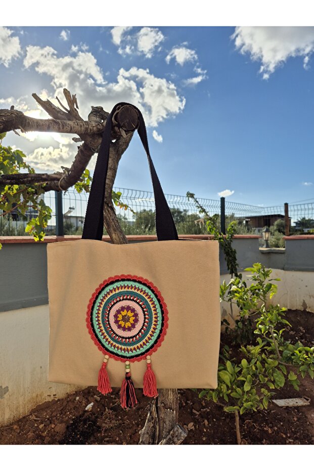 Cream Duck Fabric Bag with Large Mandala (Orange) Detail