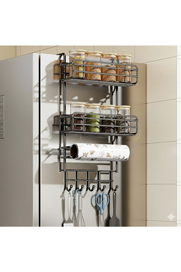 Over the Fridge Metal Organizer Rack with 2 Baskets, Paper Towel Holder and 5 Hooks for Kitchen