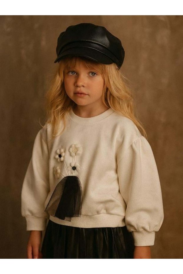 Girl's Cotton Knitted Embroidered Tulle Sweatshirt