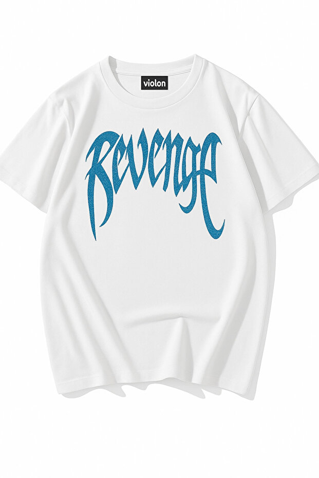 White Unisex Oversize Blue Revenge Glitter Stone Printed Tshirt