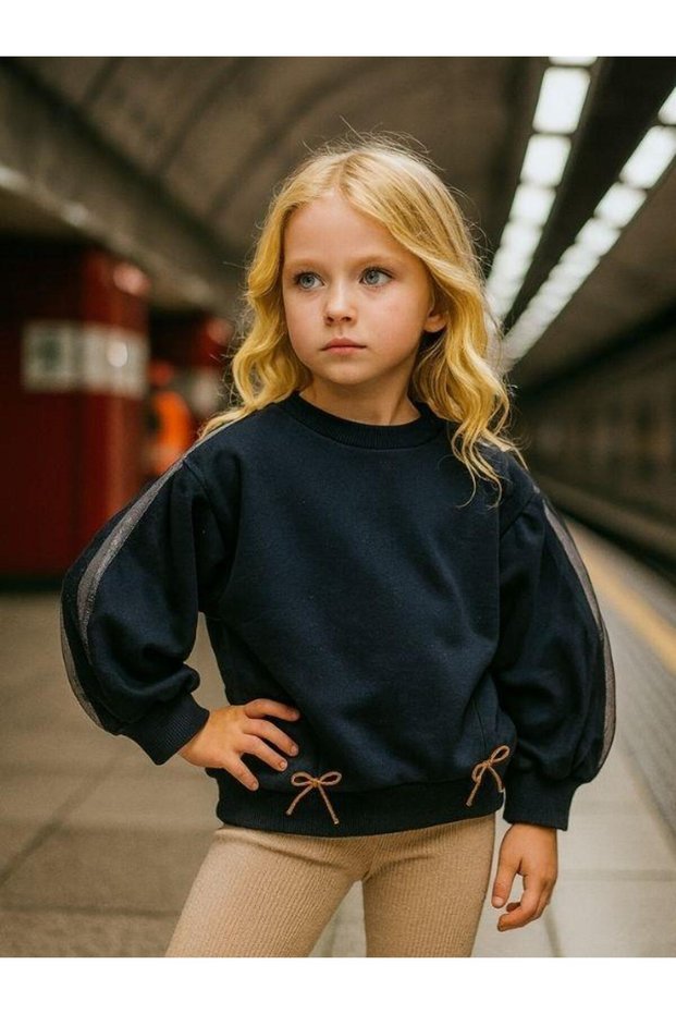 Girl's Cotton Sweatshirt with Tulle Detail on the Sleeves and Bow