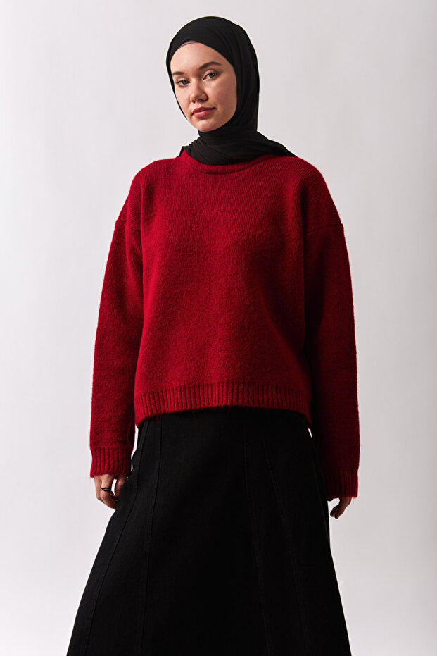 Biyeli Oversize Kazak Kırmızı - 3