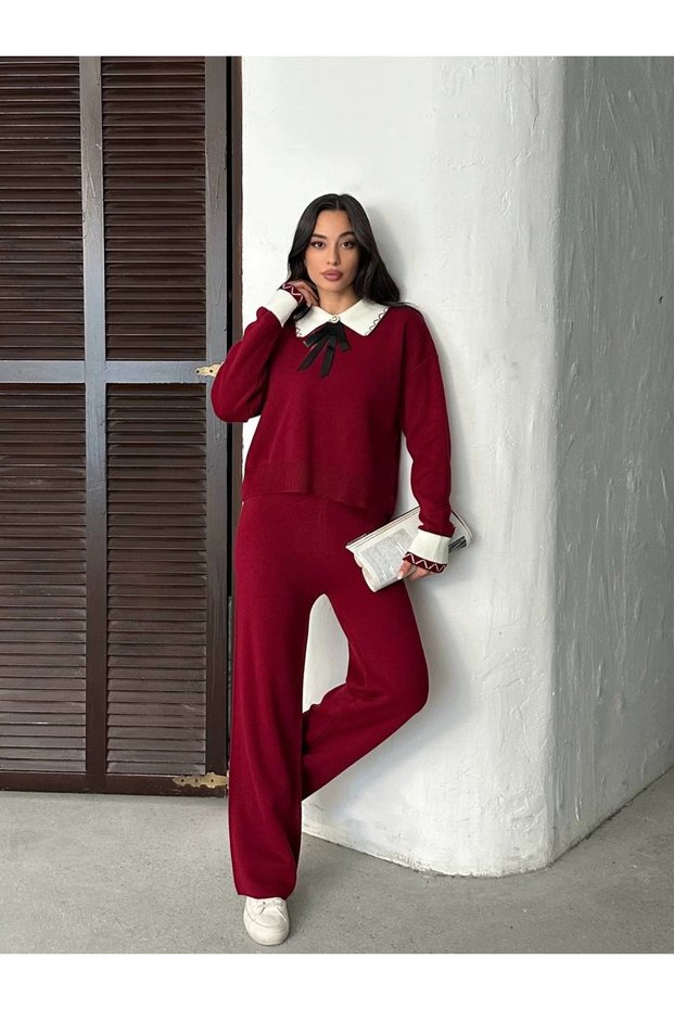 Women's Burgundy Stylish Collar Detail Sweater Pants Bottom/Top Two-Piece Knit Set