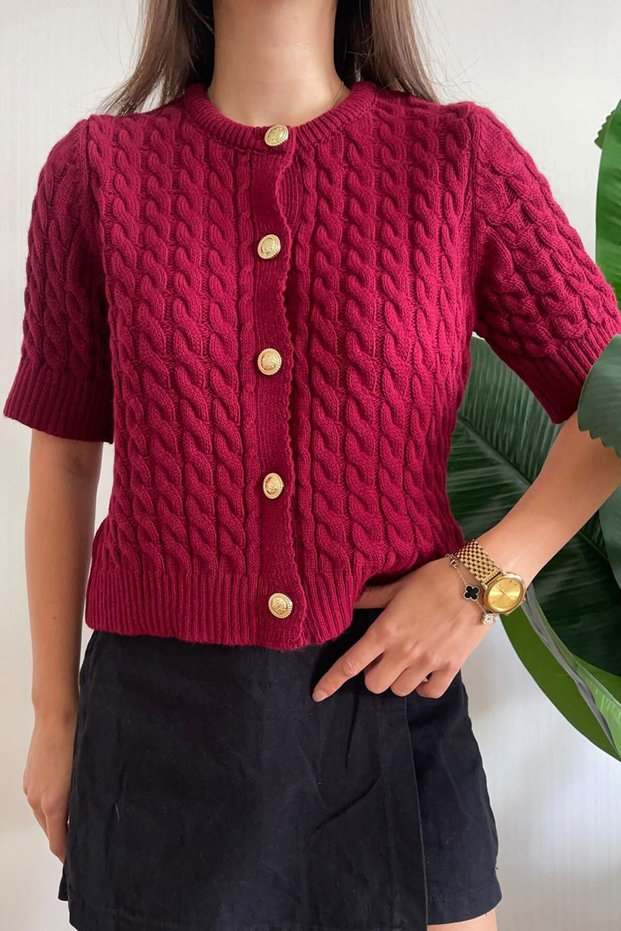 Women's Hair Braided Crew Neck Buttoned Short Sleeve Knitwear Cardigan