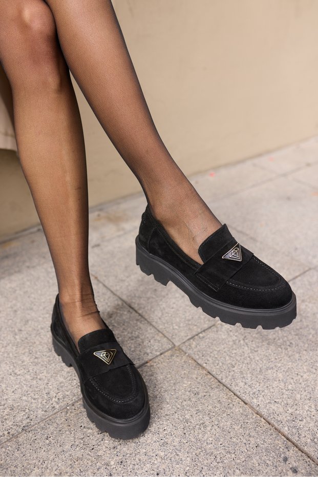 Mirela Women's Black Real Suede Loafer Shoes