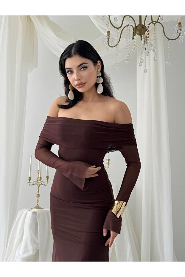 Kahve Madonna Yaka Astarlı Nişan Davet Premium Tül Elbise - 7