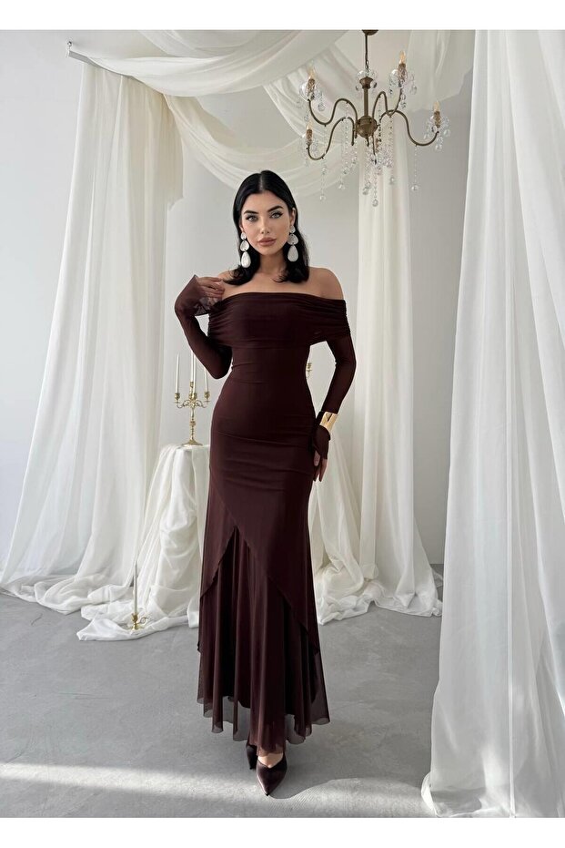 Kahve Madonna Yaka Astarlı Nişan Davet Premium Tül Elbise - 9