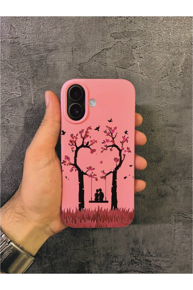 iPhone 16 Plus Compatible Heart Tree and Love Themed Pink Case