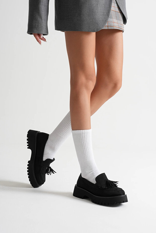 Women's Daily Comfortable Tasseled Loafer Black Suede