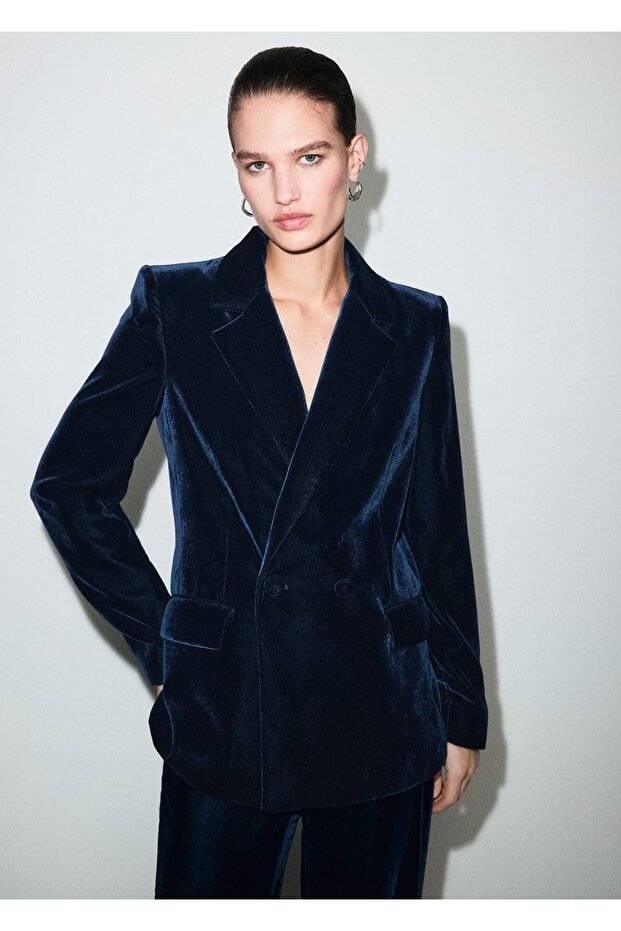 Kadife kruvaze blazer ceket - 1