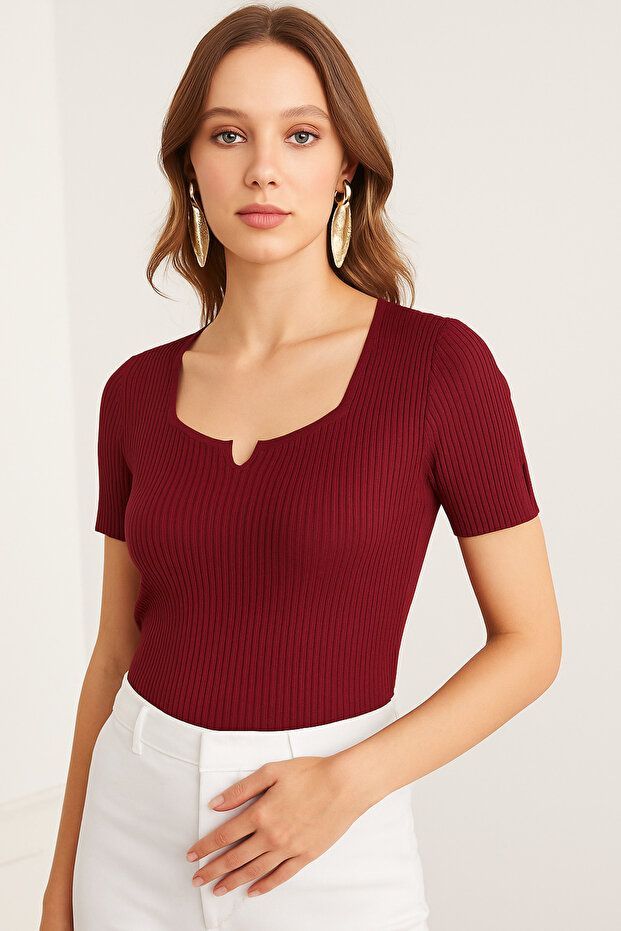 Women's Burgundy Mercerized High Quality Short Sleeve Blouse Ribbed Stretchy Soft Slit Square Neck