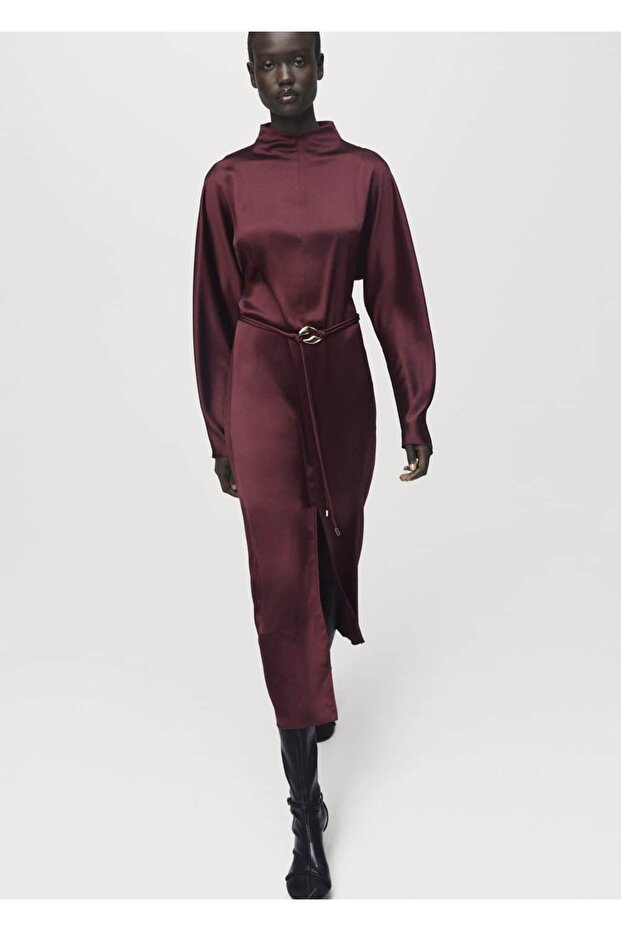 Kemerli saten elbise - 5