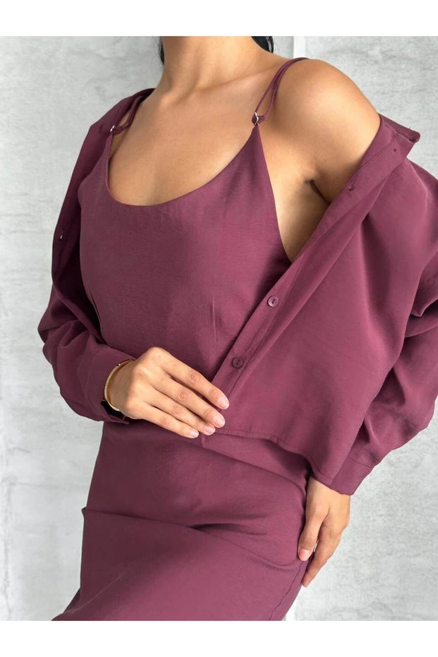 Women's Plum Woven Fabric Crop Shirt and U-Neck Suspender Long Dress Two-Piece Set