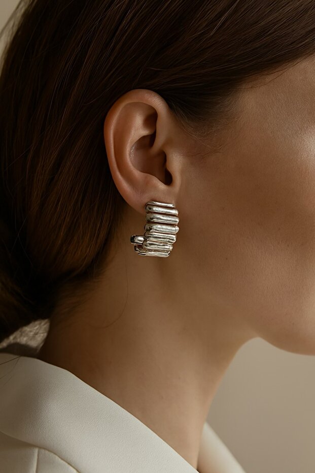 Ring Earrings with Line Detail in Silver Color