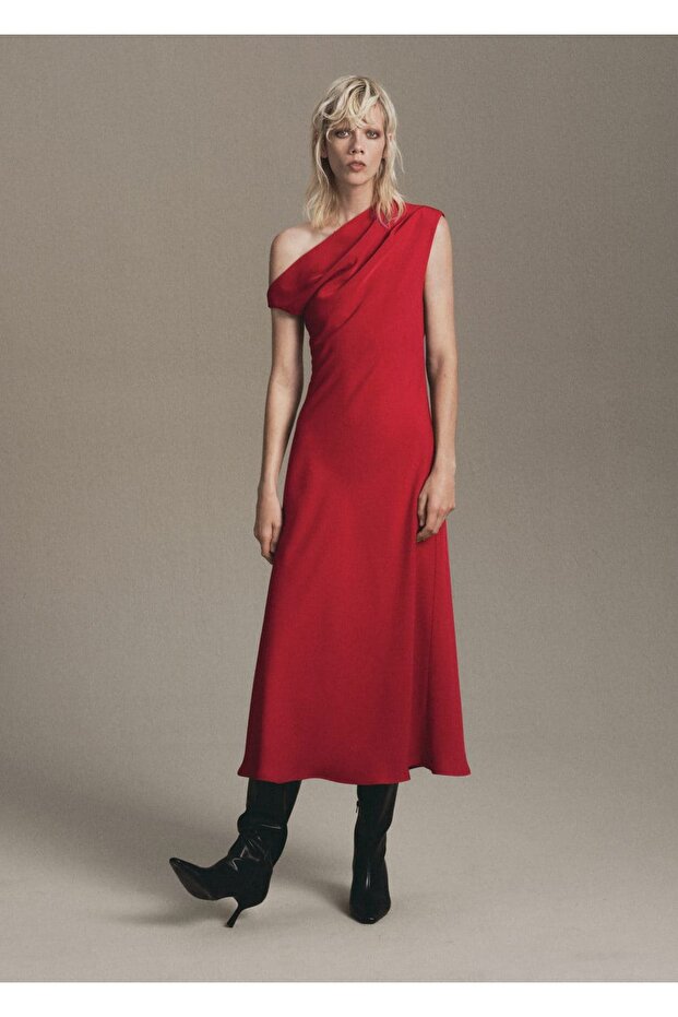 Asimetrik yaka evaze elbise - 2