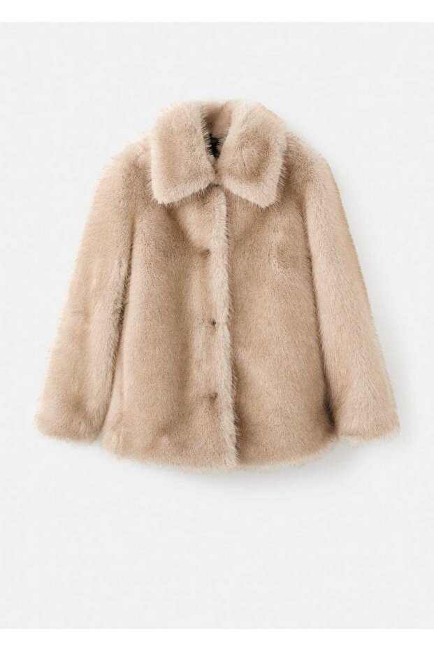 Düğmeli kürk görünümlü palto - 3