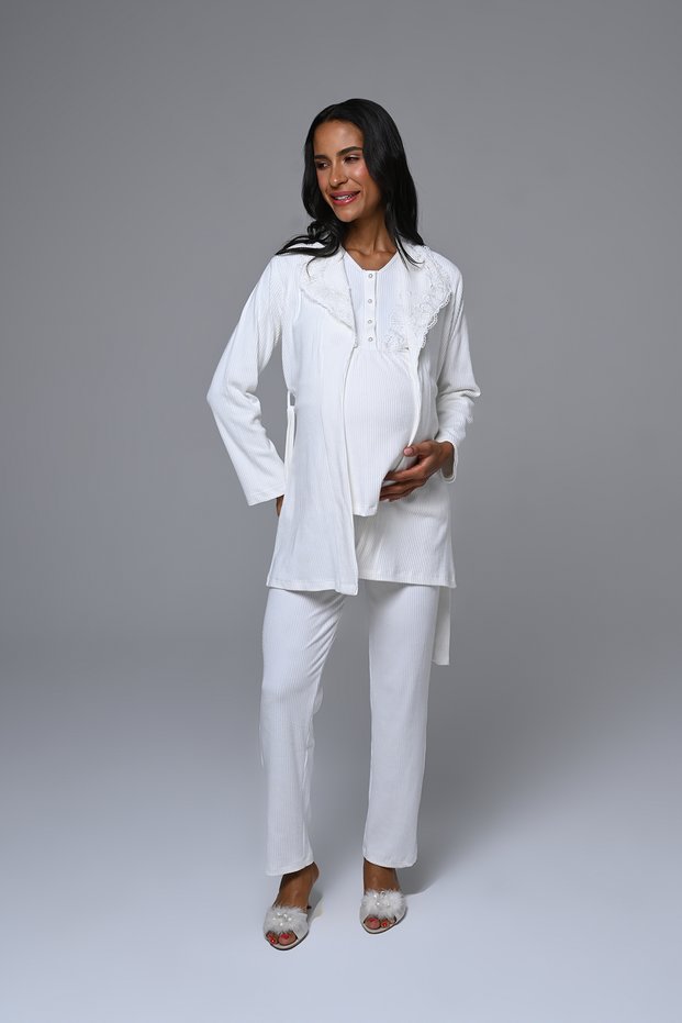 Women's Ecru Jacquard Winter Special Design Maternity Pajama Set 3-Piece Set