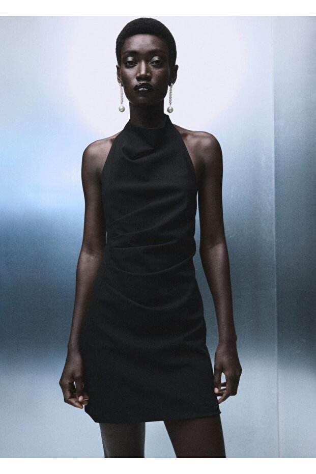 Halter yaka büzgülü elbise - 1