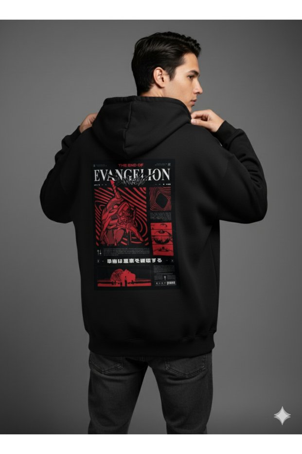 Lenithra Evangelion Back Printed Unisex Oversize Black Hoodie