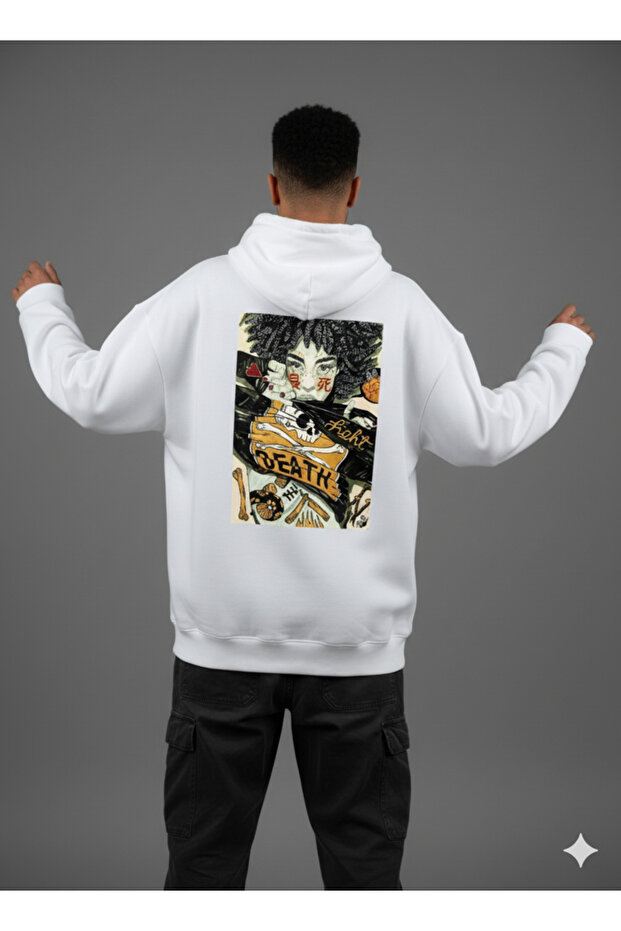 Lenithra Death Back Printed Unisex Oversize White Hoodie