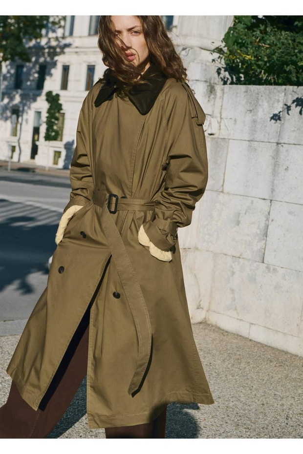 Kadife yaka çift düğmeli trençkot - 1