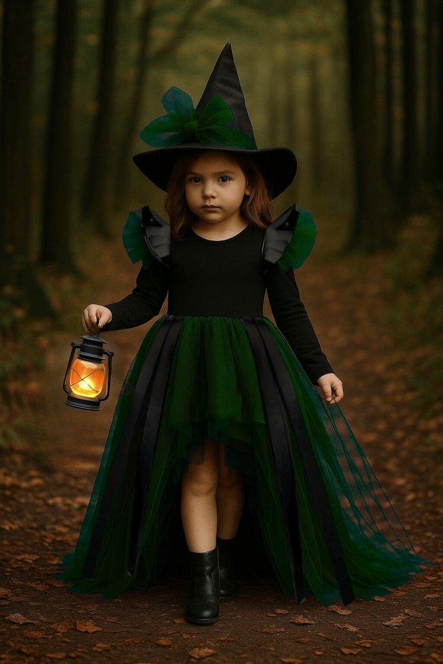 Girl's Green Tulle Witch Costume–Leather Detailed Witch Dress&Hat Halloween Party Outfit